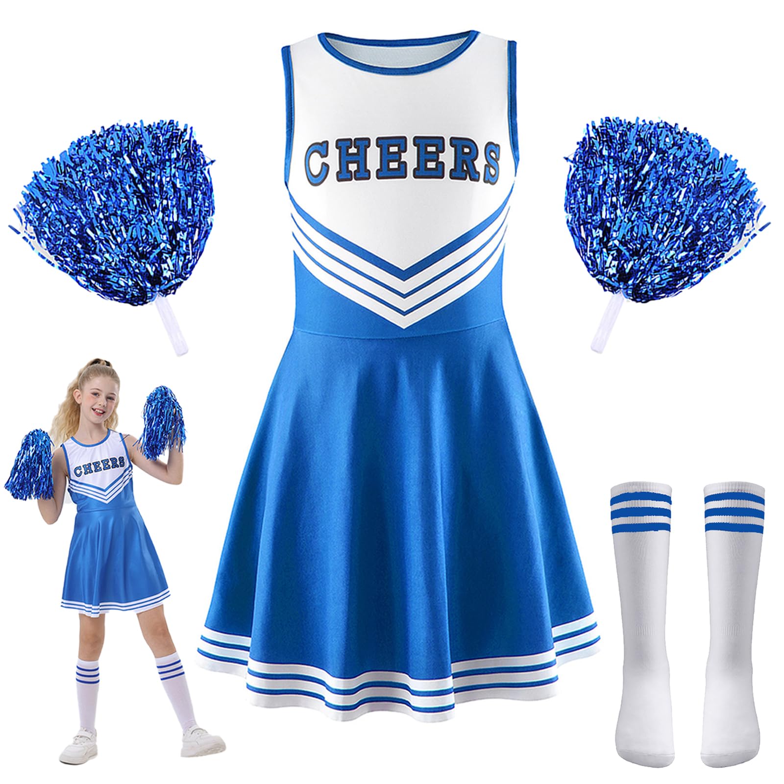 Cheerleader Kostüm Kinder,Cheerleader Pompoms,Cheerleadering Outfit Mädchen mit Pompons,Socken,Cheerleadering Outfit,für Verkleidung Karneval Party Cosplay Fasching Halloween,8-9 Jahre,BlauTag 140