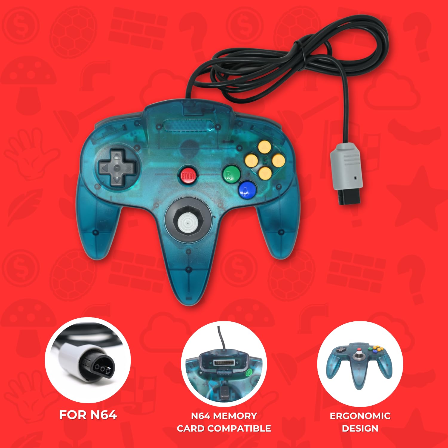 Old Skool Classic Wired Controller Joystick compatible with Nintendo 64 N64 Game System - Turquoise - Image 2