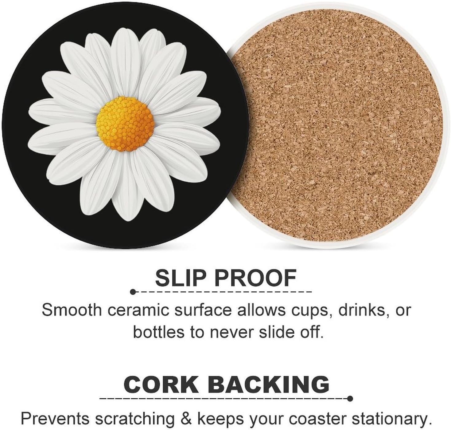 White Daisy Flower Funny Round Ceramic Coasters for Drink Absorbent Cup Holders Tabletop Protection