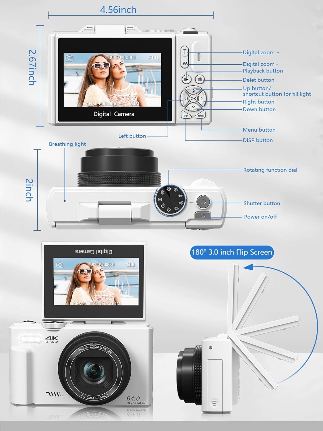 Digital Camera for Photography, 4K Vlogging Camera for YouTube 3" 180° Flip Screen 18X Digital Zoom Compact Cameras with 32GB TF Card & 2 Batteries, White