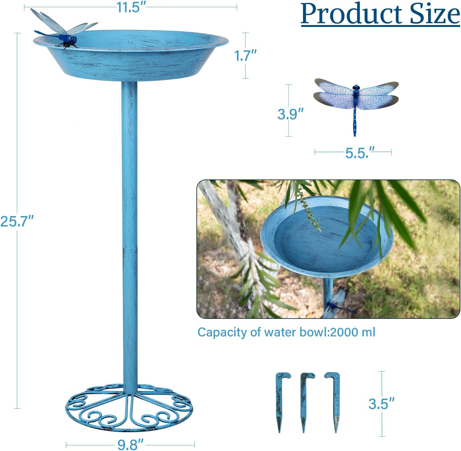 WANGIRO Stand Bird Baths for Outdoors 12 Inch Outdoor Garden Bird Feeder Metal Birdbath with Magnetic Dragonfly for Backyard Birding Freestanding for Garden Yard and Lawn Decoration-Blue