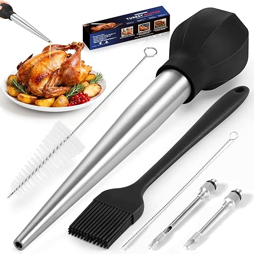 SCHVUBENR Juego grande para pavos, herramienta de acero inoxidable para cocinar, incluye cepillo para untar, cepillo de limpieza y agujas de