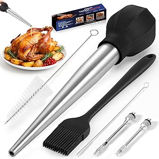 SCHVUBENR Large Turkey Baster Set - Stainless Steel Baster Tool for Cooking - Includes Basting Brush, Cleaning Brush & Injector Needles - Heavy Duty Baster Syringe - Flavor Meat Poultry, Beef, Chicken