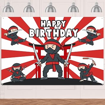 Samurai Happy Birthday Decorations Banner Backdrop Background Photo Booth Props Flag Kit Warrior Theme Decor for Birthday Party Favors Supplies