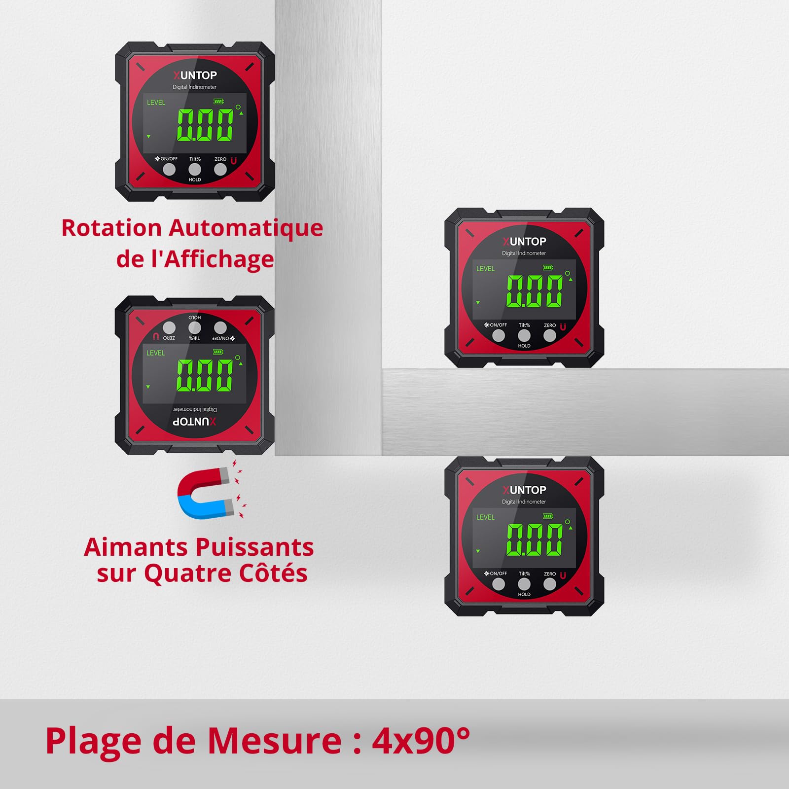 XUNTOP 4*90° Inclinomètre Numérique Rechargeable avec Fonction Laser Écran LCD Étanche IP54 Rapporteur d'Angle Digital 4 Faces Magnétiques Niveau à Bulle pour Menuiserie Travail du Bois Construction