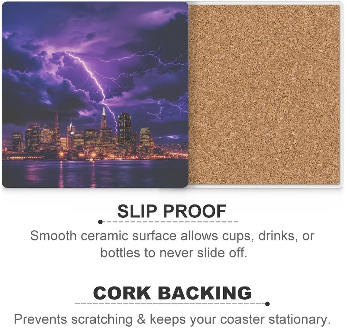 Light-ning Storm Over San Francisco Skyline Funny Ceramic Coasters for Drinks Absorbent Cup Holder Tabletop Protector with Cork Base