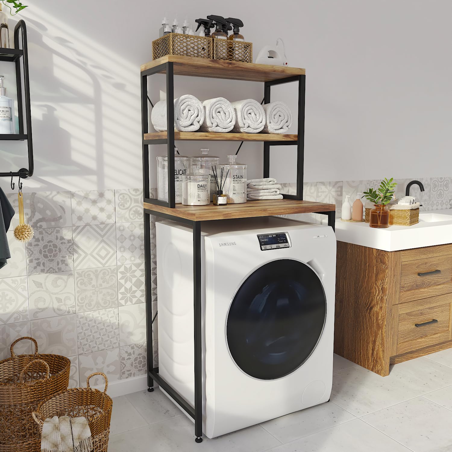 AVENSIS Washelf Drum Washing Machine Storage Rack for Multipurpose Usage, Waterproof Over Washer Shelving with Sturdy Metal Frame and Adjustable Leg Pads for Laundry & Bathroom (Black + Walnut)