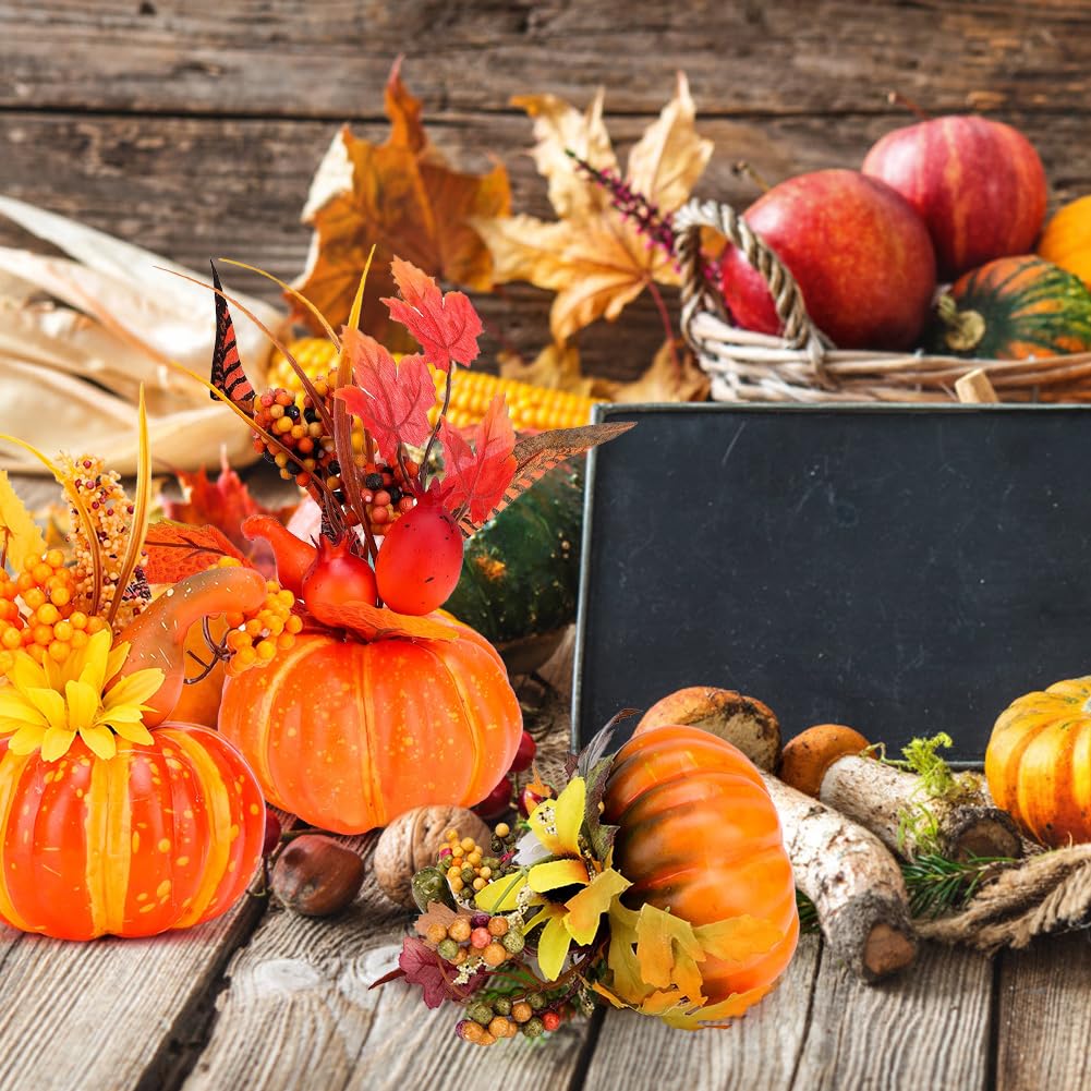 Yuragim 3 sztuki sztucznych dyni jesiennych dekoracji, ozdobne dynie z liśćmi klonu i słoneczników, dekoracja na Halloween, Święto Dziękczynienia, jesienna dekoracja stołu