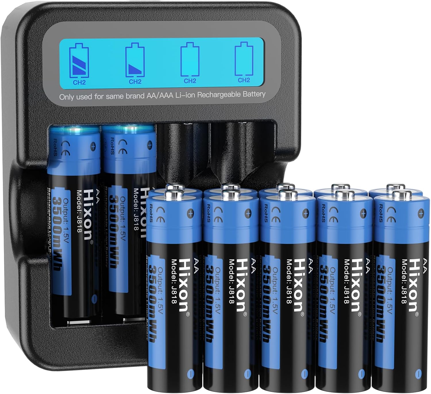 Hixon Rechargeable Batteries AA with LCD Charger,12x3500mWh AA Rechargeable Lithium Batteries,Constant 1.5V Output,1600Cycles,Fits for Blink Camera,VR, Gaming Controller etc.