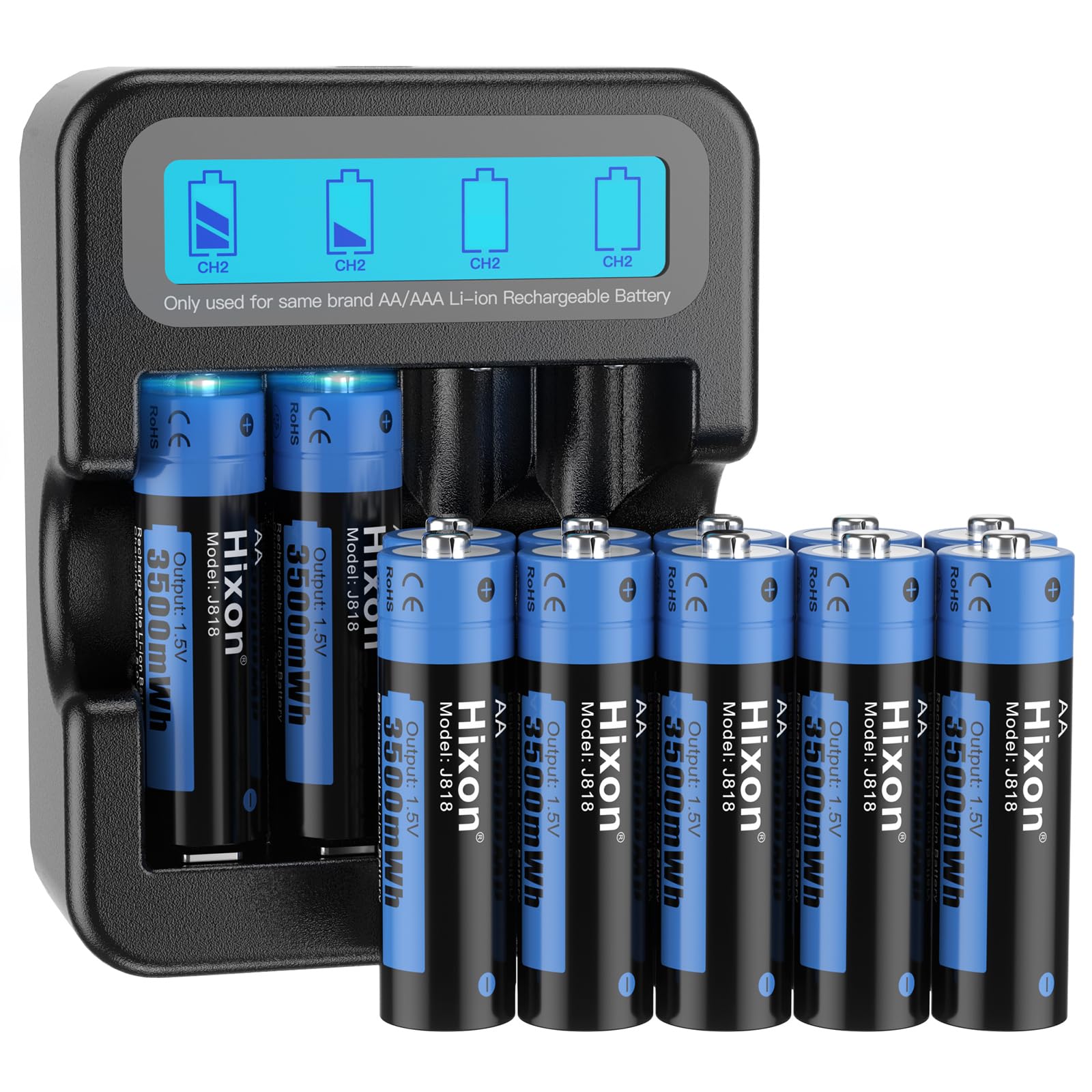 Hixon Rechargeable Batteries AA with LCD Charger,12x3500mWh AA Rechargeable Lithium Batteries,Constant 1.5V Output,1600Cycles,Fits for Blink Camera,VR, Gaming Controller etc.