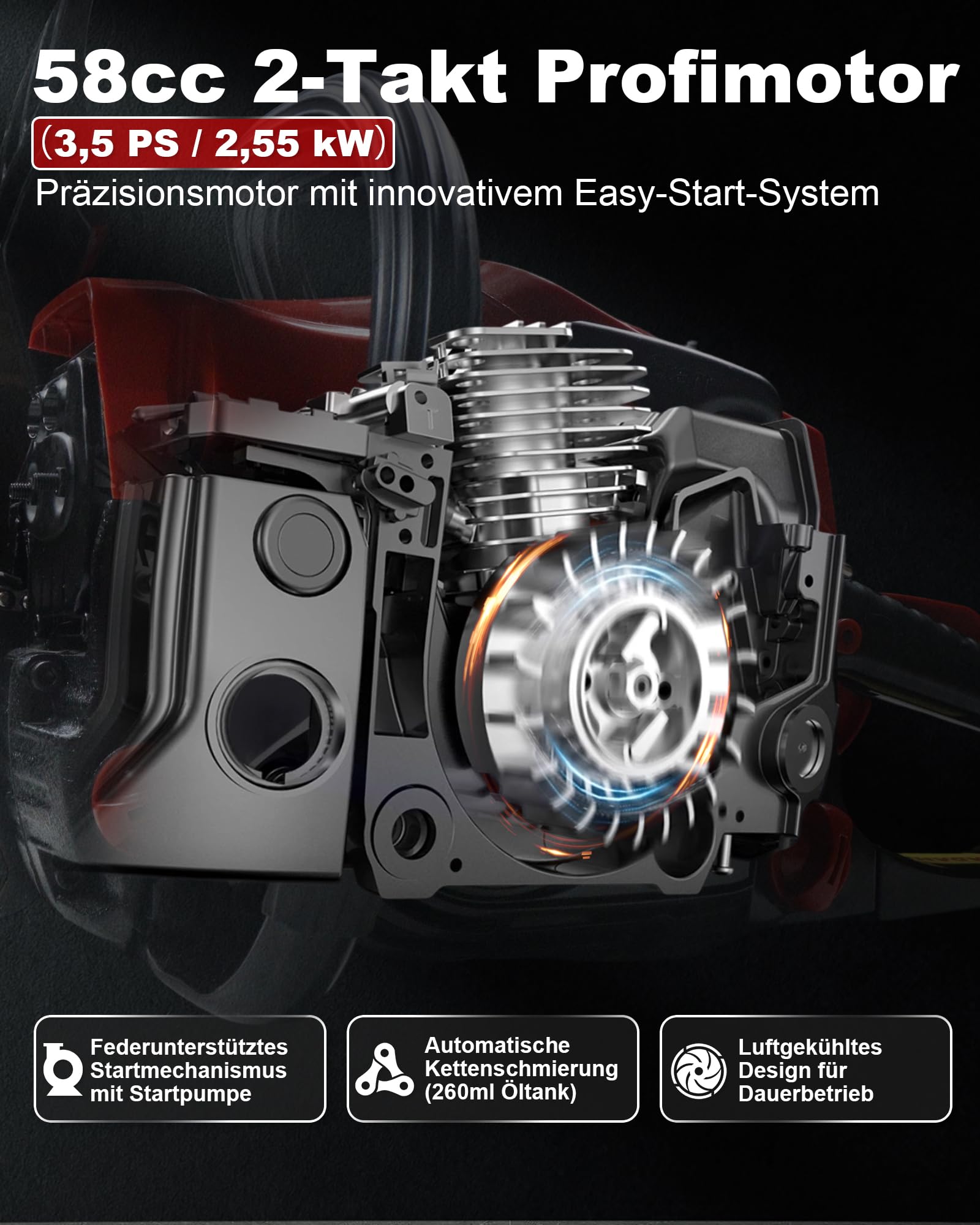 Benzin Kettensäge 58CC Profi,2-Takt-Motorsäge,3,5PS Motorkettensäge mit 20 Zoll&16 Zoll Schwert,2 Ketten,Vibrationsdämpfung,Sicherheitsschalter,Benzin-Baumpflegesäge für Holzfällen,Gartenarbeit