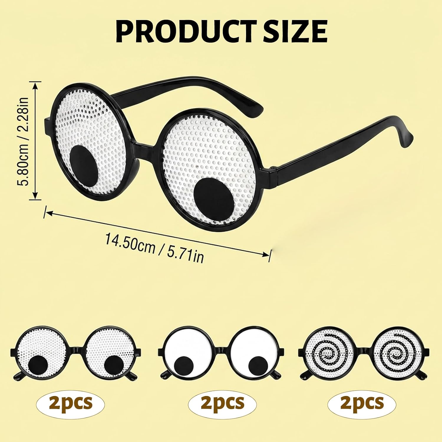 6PCS Eye Glasses, Funny Eye Design, Halloween Costume Accessories for Parties and Events, Includes Two White Eyeballs, Two Dizzy Eyes, and Two Big Funny Eyes