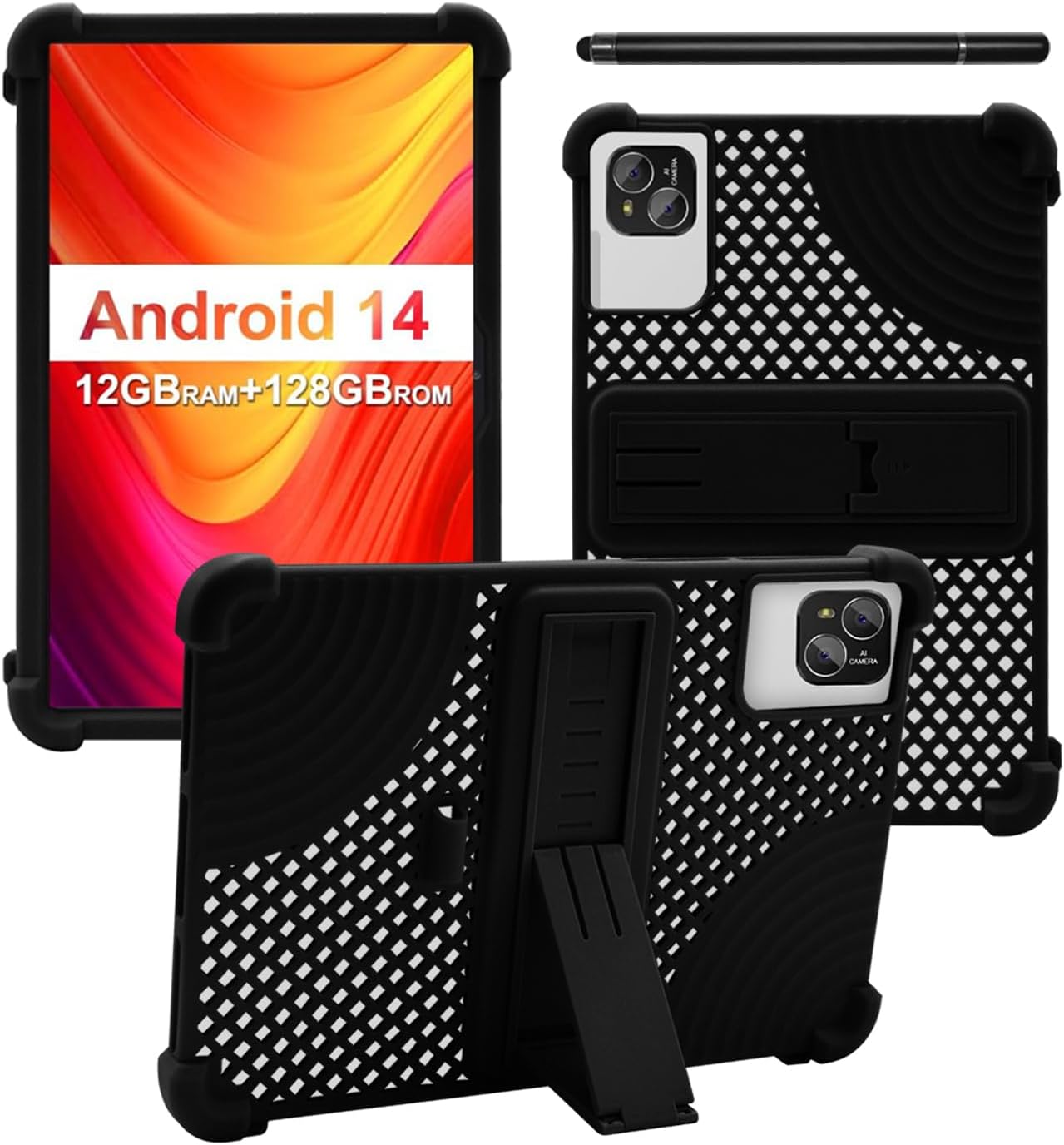 Case for ATMPC IT-801B Tablet 10 inch Android 14 Tablet,WUNIAK Hollow Back Design,Heat Dissipation Shockproof Lightweight Adjustable Kickstand Silicone Shell&Kids Friendly Soft Case,Black
