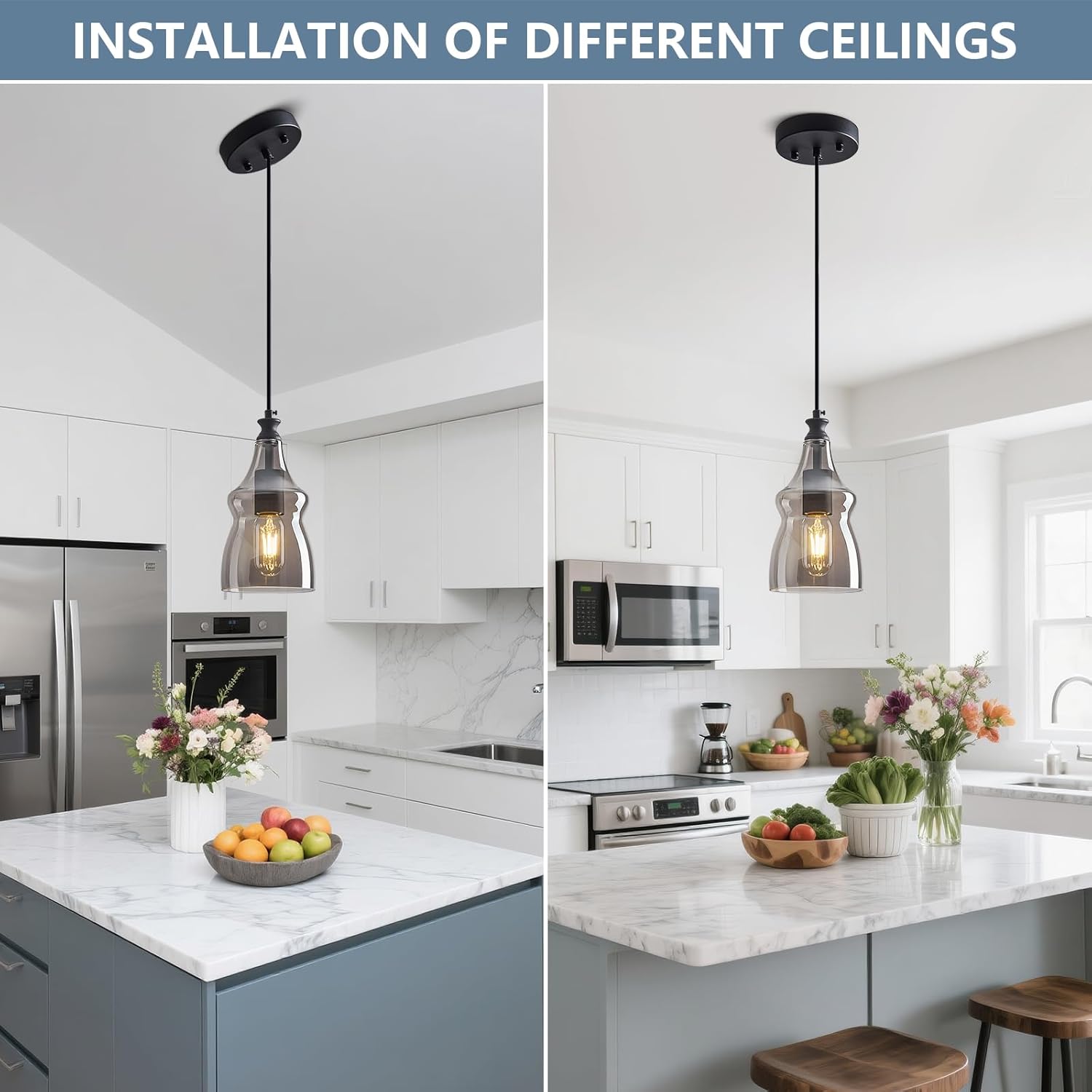 Modern Glass Pendant Light 5.11 in Light Grey Glass Shade Black Farmhouse Island Pendant Lights for Kitchen Pendant Lighting Over Sink Bedroom Dining Room