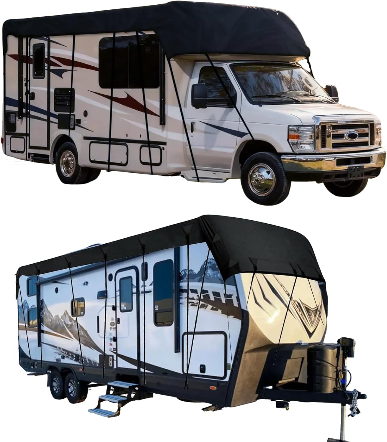 RV Roof Cover Fit 37-40ft, Universal Fit RV Cover, Oxford Cloth Waterproof & UV Resistant for RVs, Class A/B/C Motorhomes, Popup & Truck Campers, Travel Trailers(Black, 12.5m*3m | 41ft*10ft)