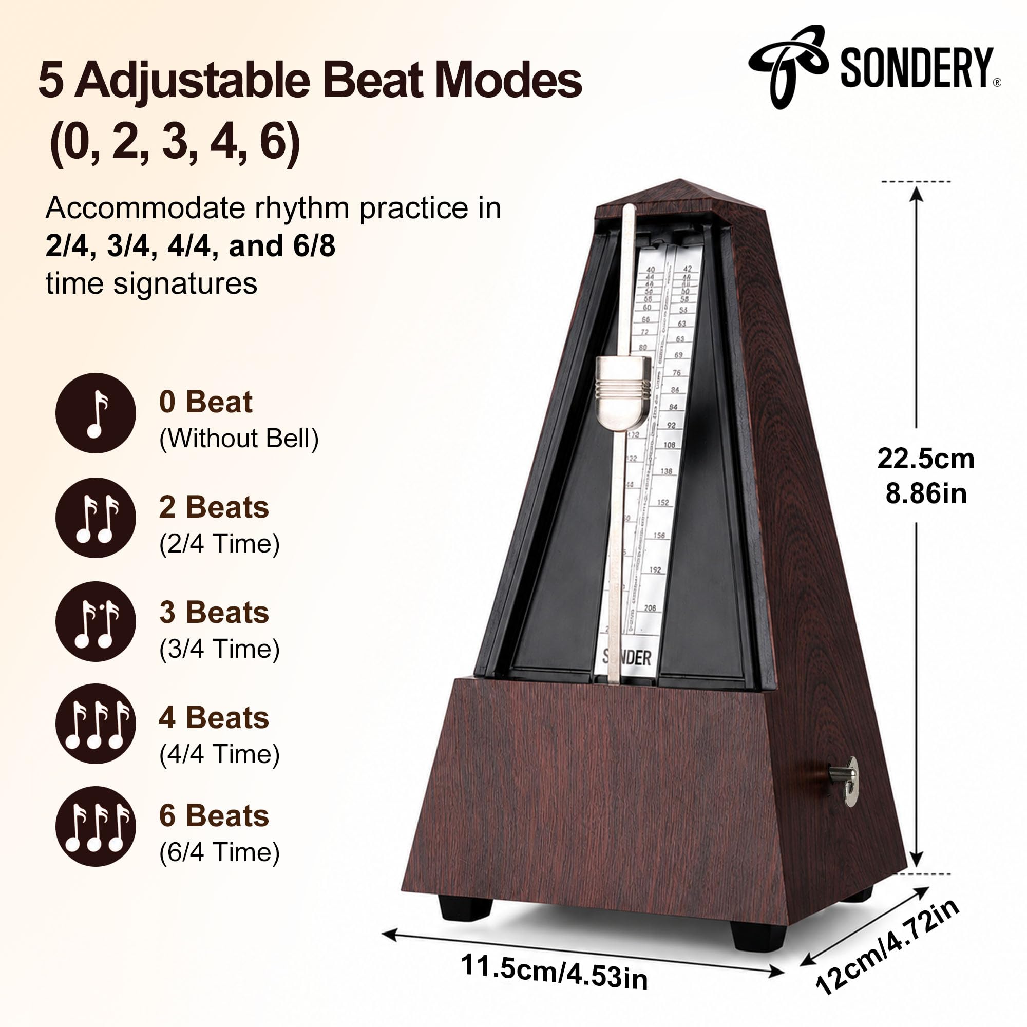 Sondery Metrónomo mecánico clásico con campana para piano, guitarra, tambor, violín, saxofón, todos los instrumentos, rango de tempo 40-208 bpm, Beats 02346, caja ABS de grano de madera negra con