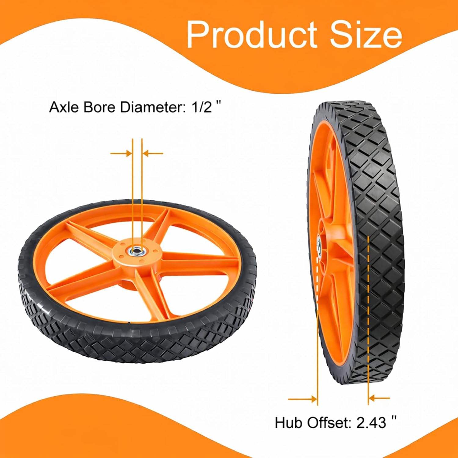 16" Lawn Mower Wheels, 16 x 1.75 Inch Spoked Plastic Wheels, 1/2" Bore, Heavy Duty Replacement Wheels for Push Lawn Mowers, Garden Carts, Yard Equipment And More (2 Pack)