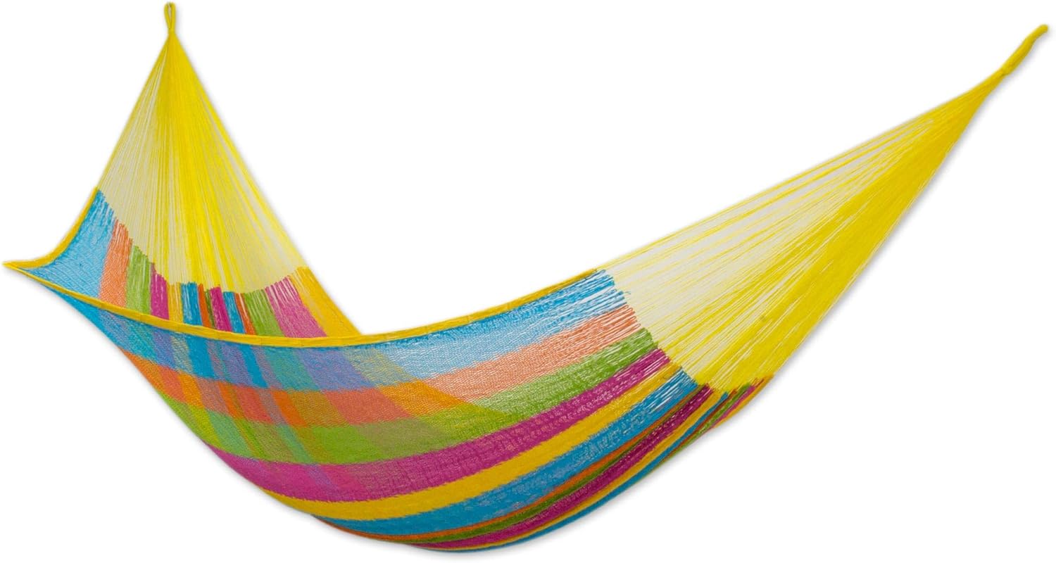 NOVICA Bright Yellow Orange Turquoise Blue Striped Tropical Hand Woven Cotton and Nylon Mayan 2 Person XL Rope Hammock, 'Yucatan Feast' (Double)
