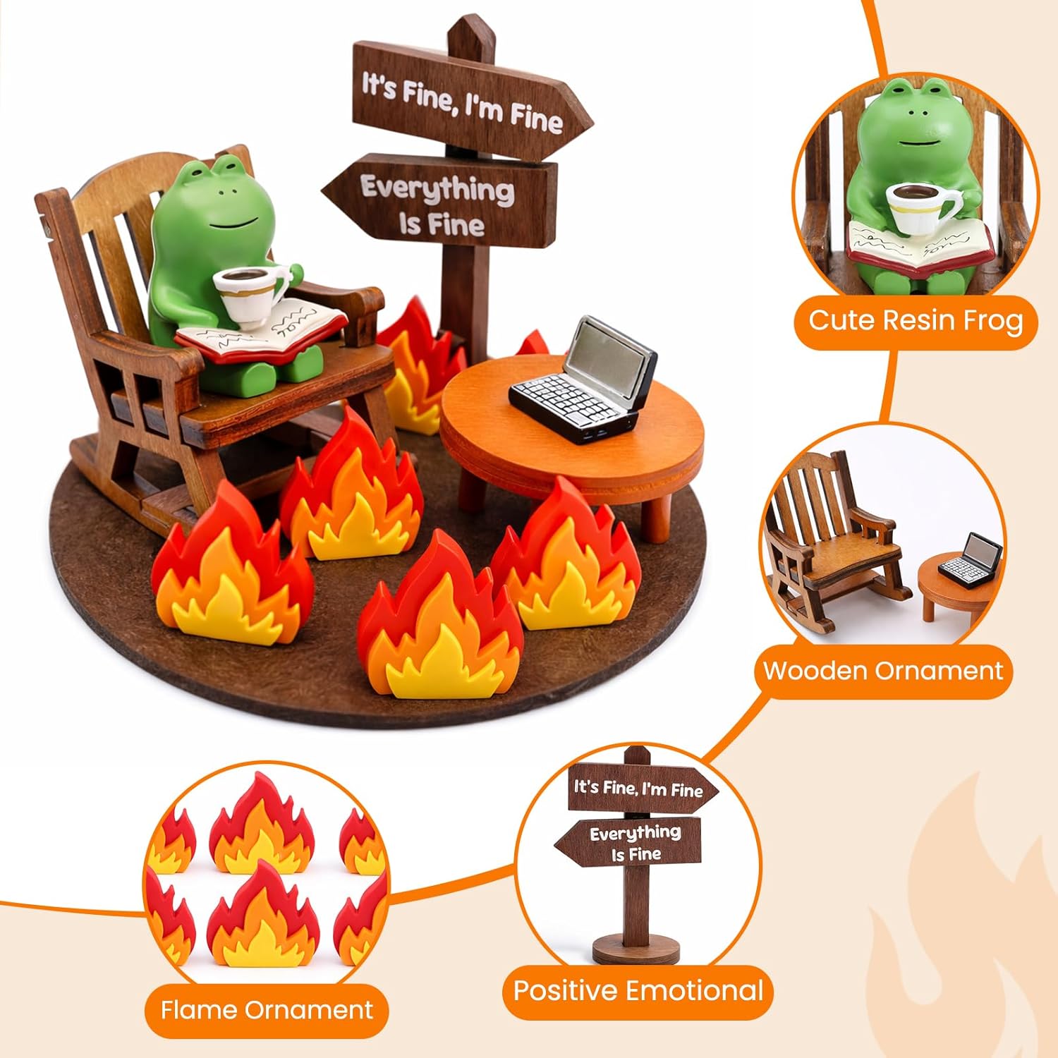 Miniature Frog Figurines Funny Desk Decor, Everything is Fine Meme Desk Figurine, Emotional Support Office Ornament, Stress Relief Gift for Coworkers, Home Workspace Tabletop Decoration