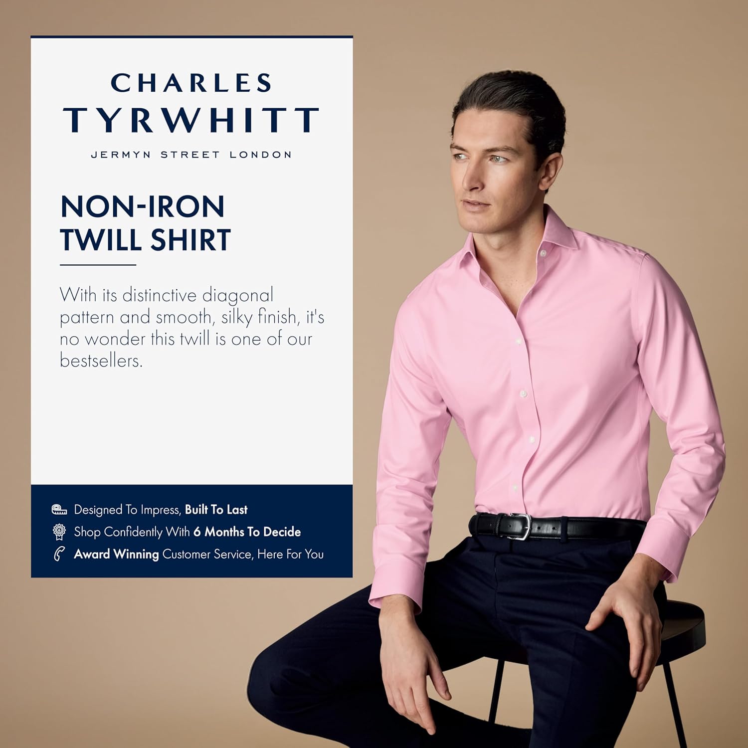 Charles Tyrwhitt Shirts for Men – Pink Twill Non-Iron Formal Dress Shirt – Long Sleeve Cotton Shirt - Image 2