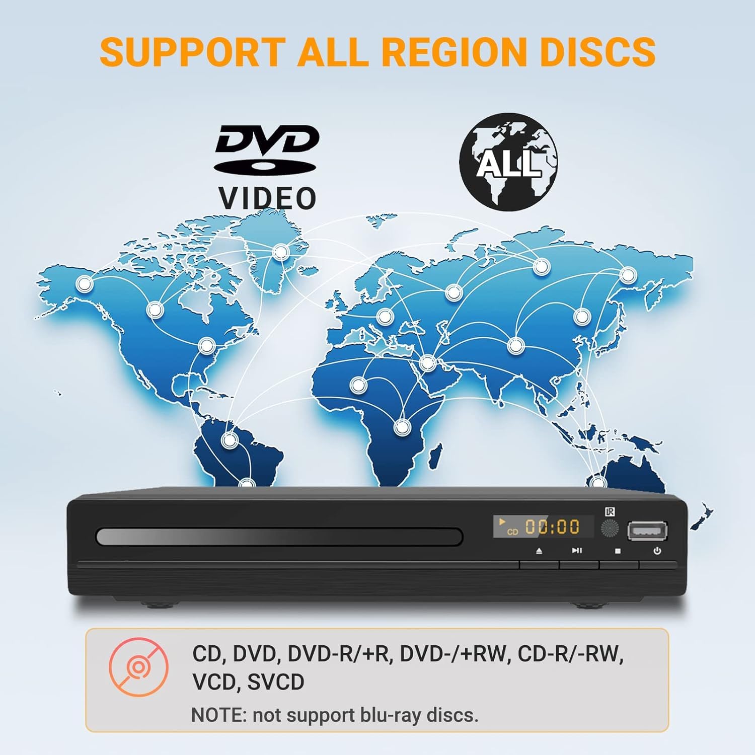 Reproductor de DVD ZUMKUNM HD, modelo 2026 para TV | 1080P libre de región para Smart TV | Mini reproductor compacto con USB, CD y MP3 | Cable HD, cable RCA y control remoto incluidos