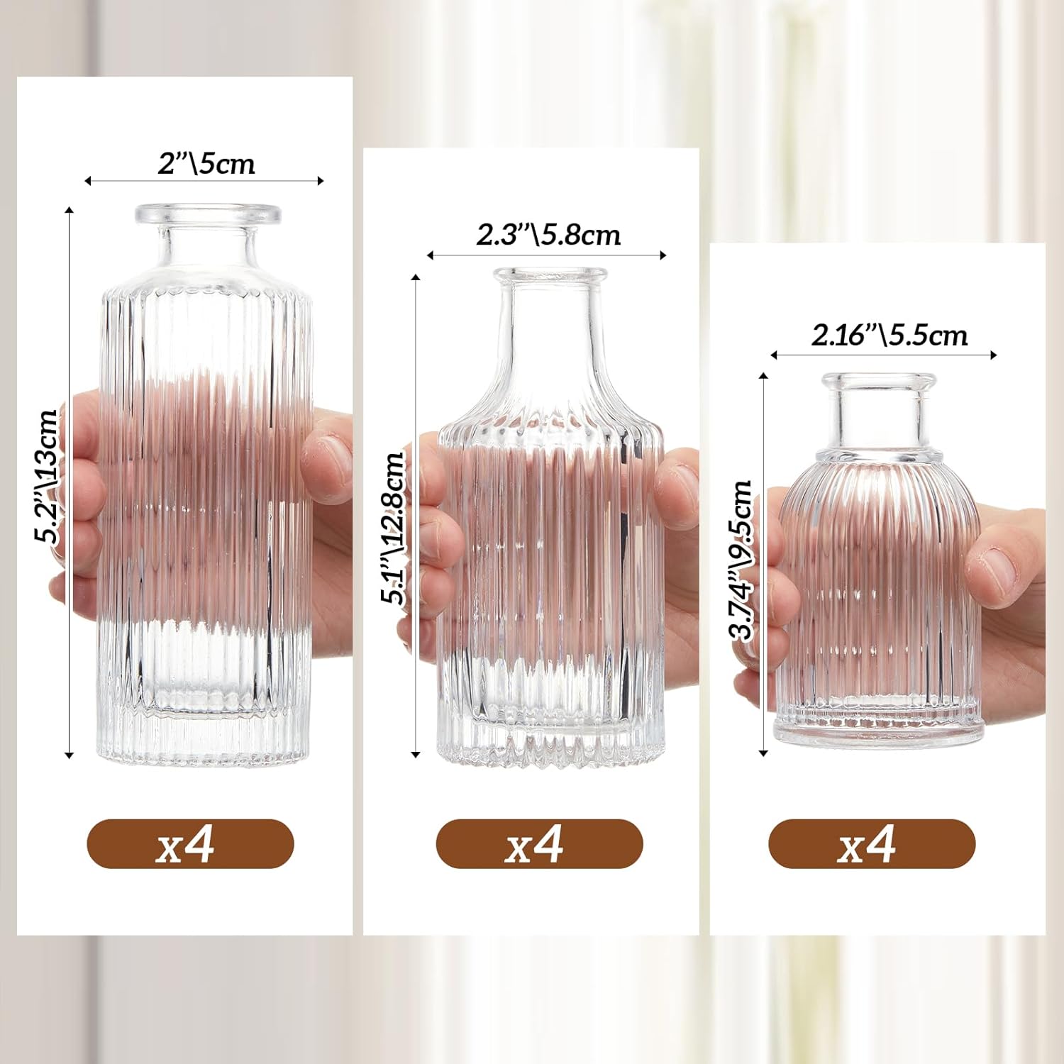 12 Sets Mini Small Vases for Flowers Bulk Glass Ribbed Bud Vases Set for Centerpiece Table Decorative Wedding Reception, Housewarming Gift Holiday Christmas