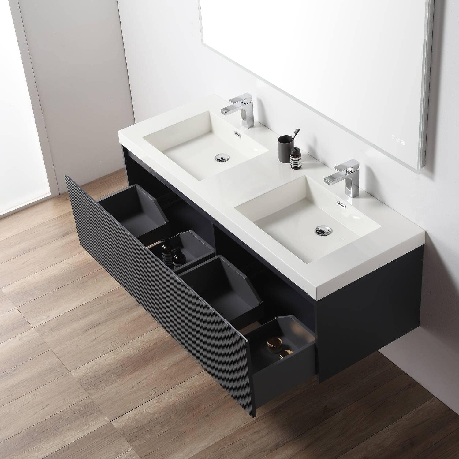 Blossom 60 Inch Double Sink Floating Bathroom Vanity - Solid Wood Wall Mounted Cabinet - Navy Blue Marine Grade Finish - Modern Dual Sink Vanity Set - Soft Close Drawers - Premium Master Bath