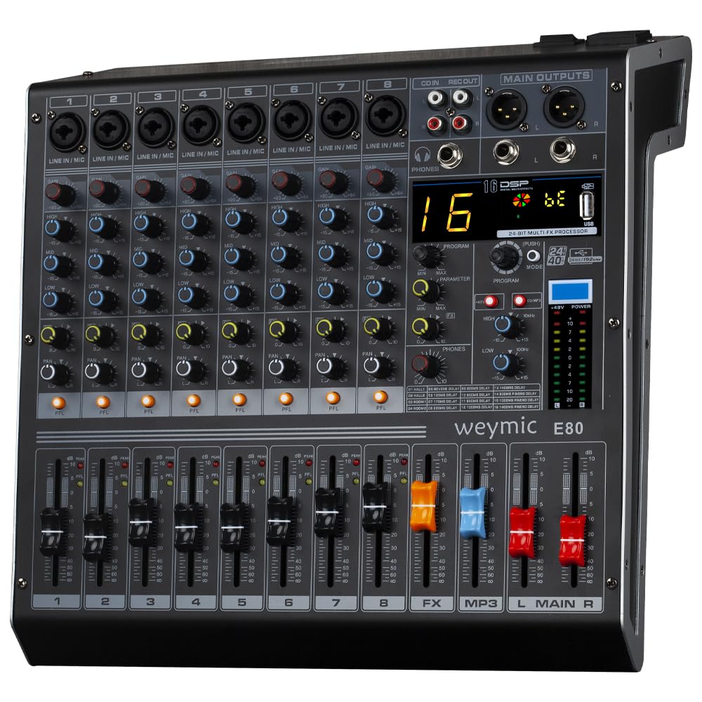 E-Series Professional Mixer for Recording DJ Stage Karaoke Music Application w/USB Drive for Computer Recording Input, XLR Microphone Jack, 48V Power for Professional (8-Channel)