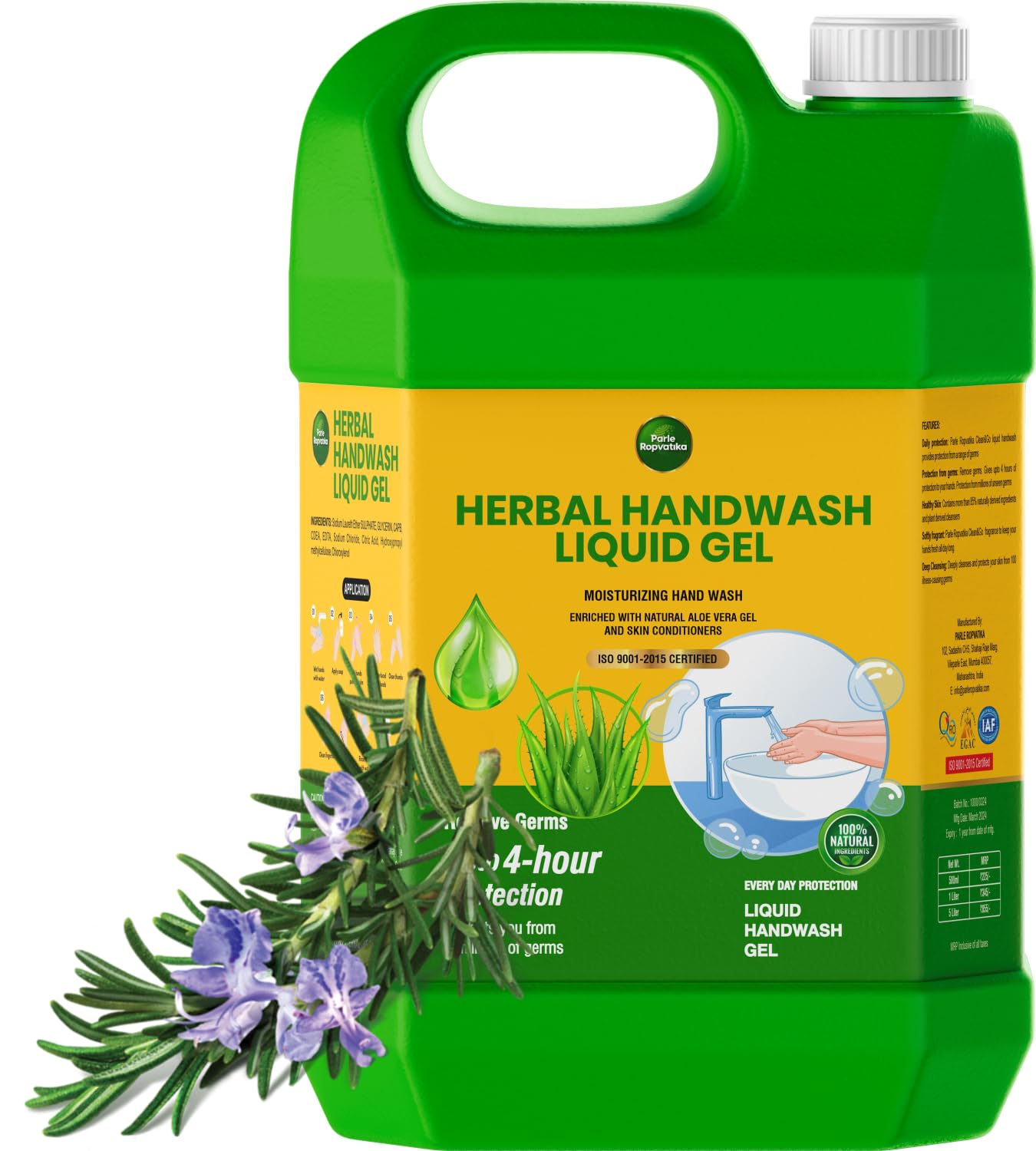 5 Liter Herbal Handwash Aloevera, Glycerine Hand Body Wash Pump Shower Gel Rich Foam for Moisturizing Soft Foaming on Hands (1, Rosemary 5L (1))