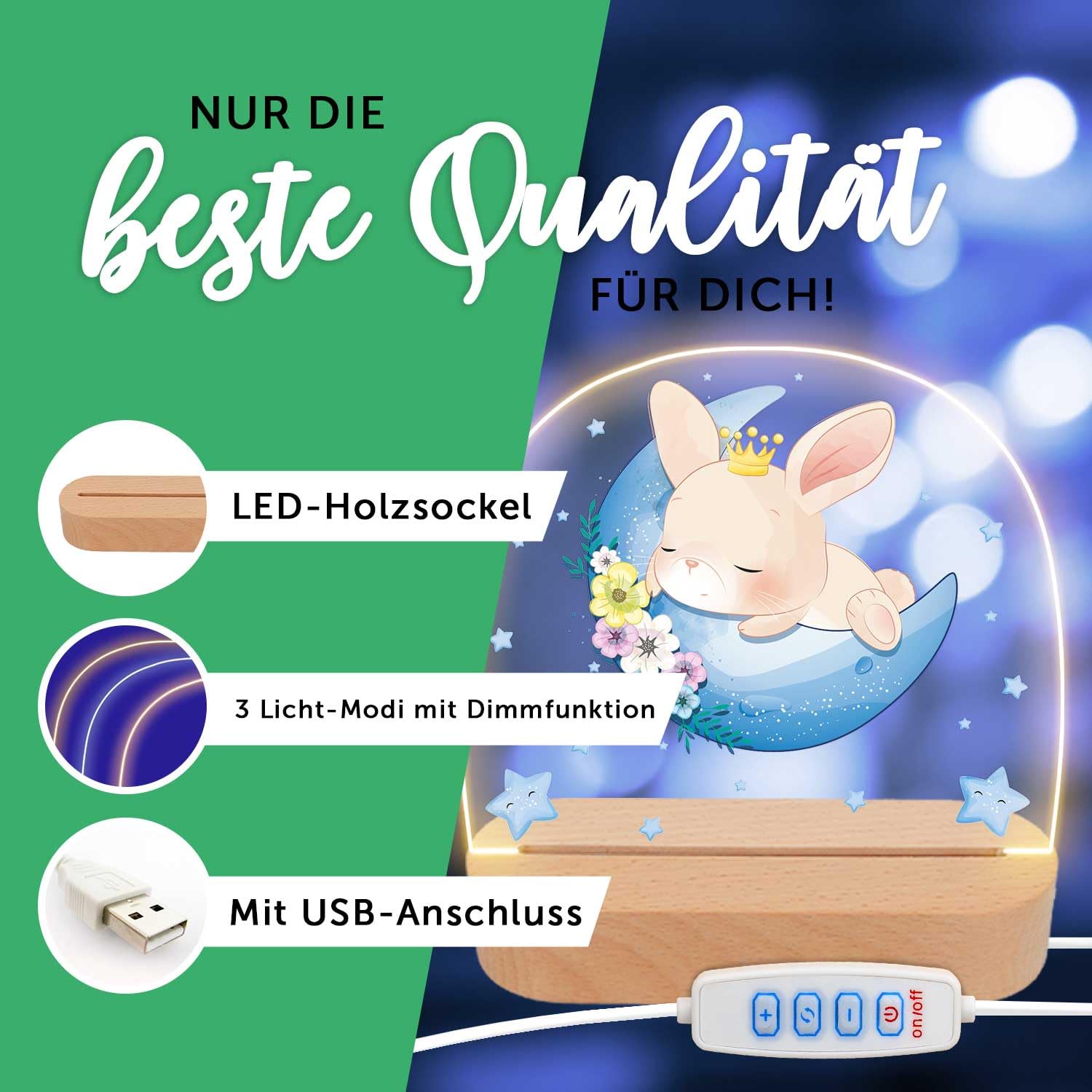 GRAVURZEILE Baby Nachtlicht personalisiert mit Namen - LED Lampe für Kinderzimmer - Schlummerlicht für Babys mit Name - Geschenk zur Geburt, Taufe & Geburtstag - Nachttischlampe für Jungen & Mädchen