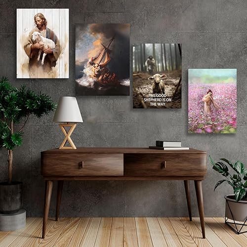 Miniatura 4 de Lienzo de Jesús y cordero para pared, diseño de Jesús corriendo tras el cordero perdido, cuadro de Jesús, impresión artística cristiana para el