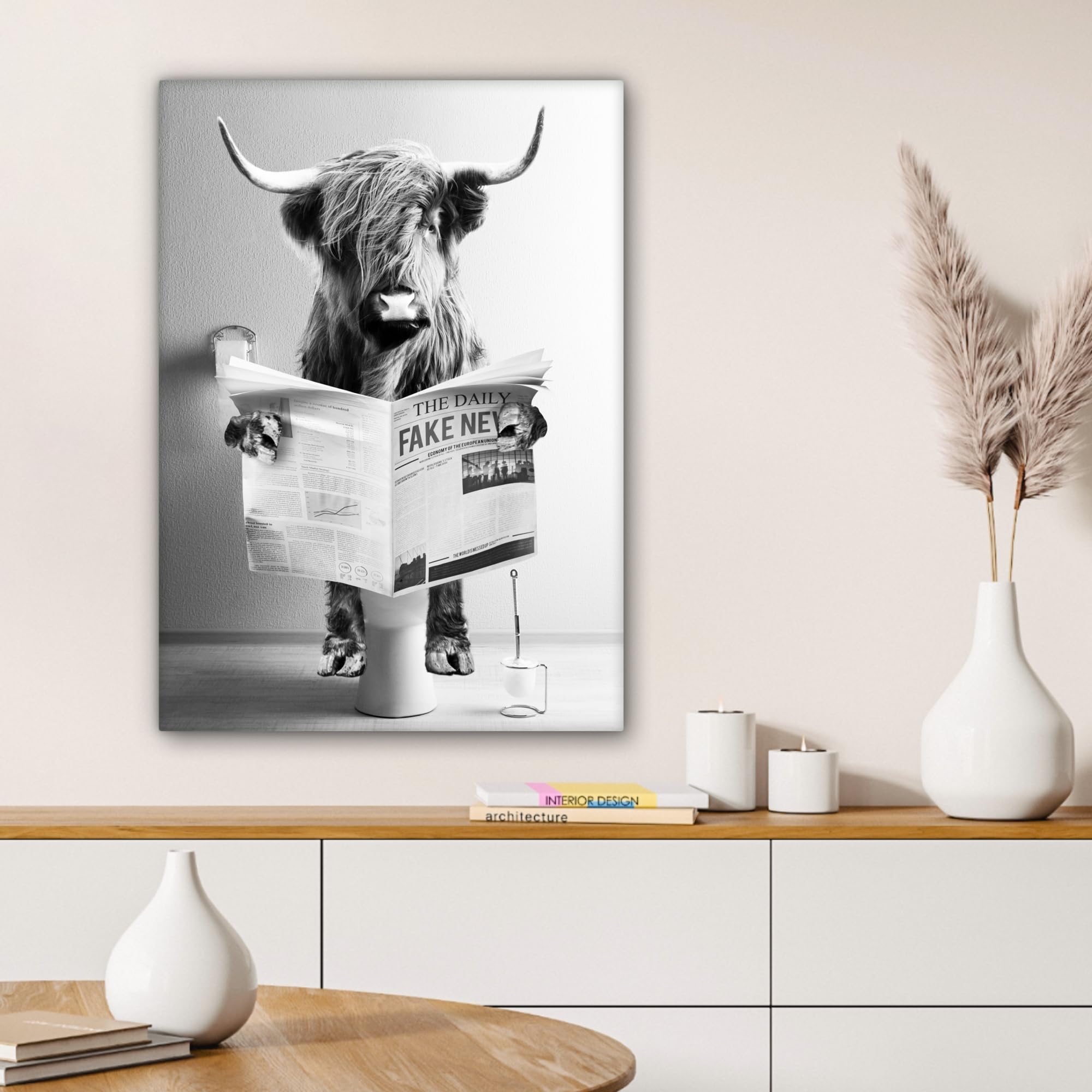 MuchoWow© Canvas Schilderij 50x70 cm Kamer Muur Decoratie Woonkamer Slaapkamer Room Decor Wall Decoration Art Painting Schotse hooglander - Landschap - Koe - Bruin - Dieren - Natuur