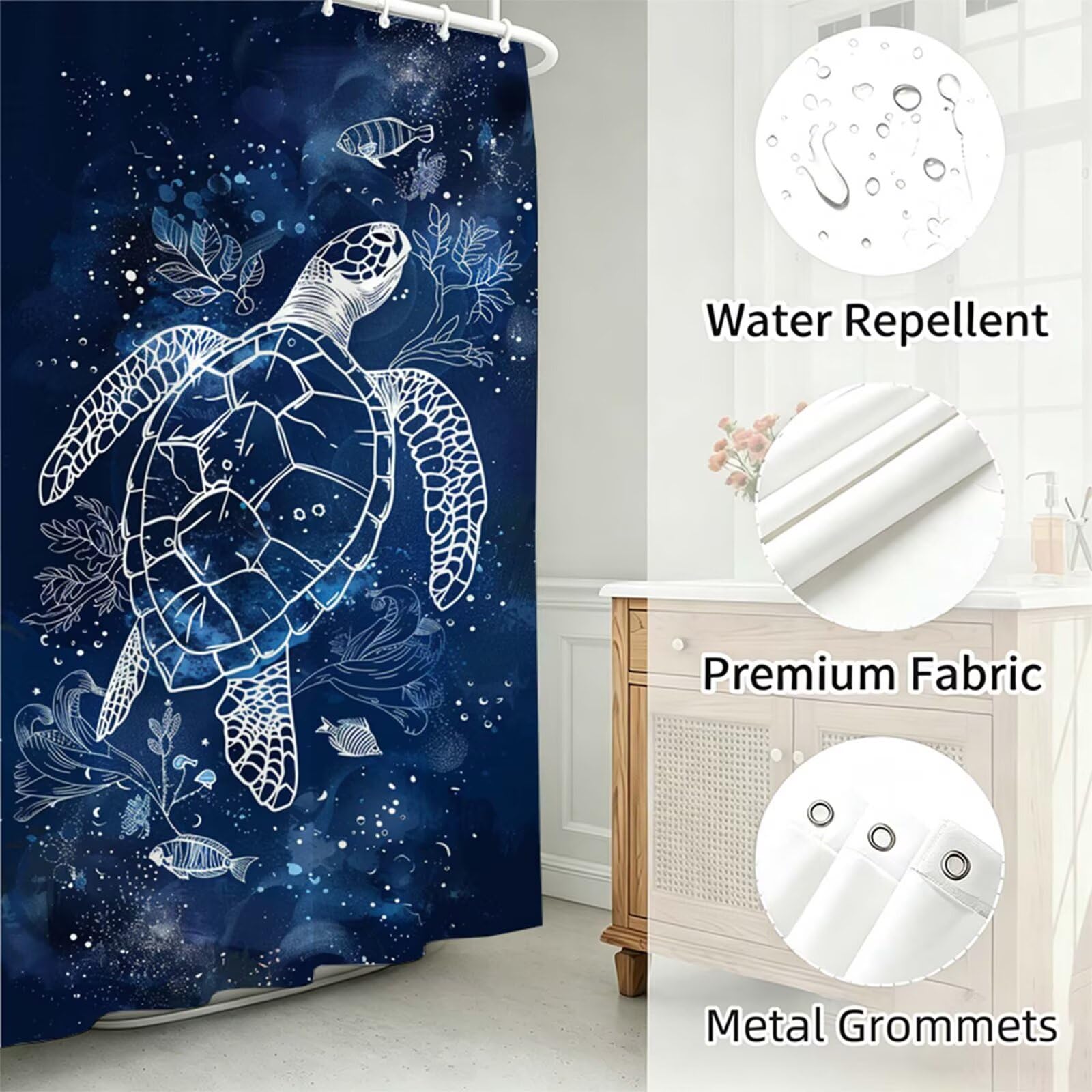 Duschvorhang Marineblau, Polyester Stoff aus Textil – Wasserdicht – Waschbar – Inkl 12 Ringe – Badewannenvorhang für Dusche & Badewanne, Shower Curtains 200x250cm Meeresschildkröte J-763