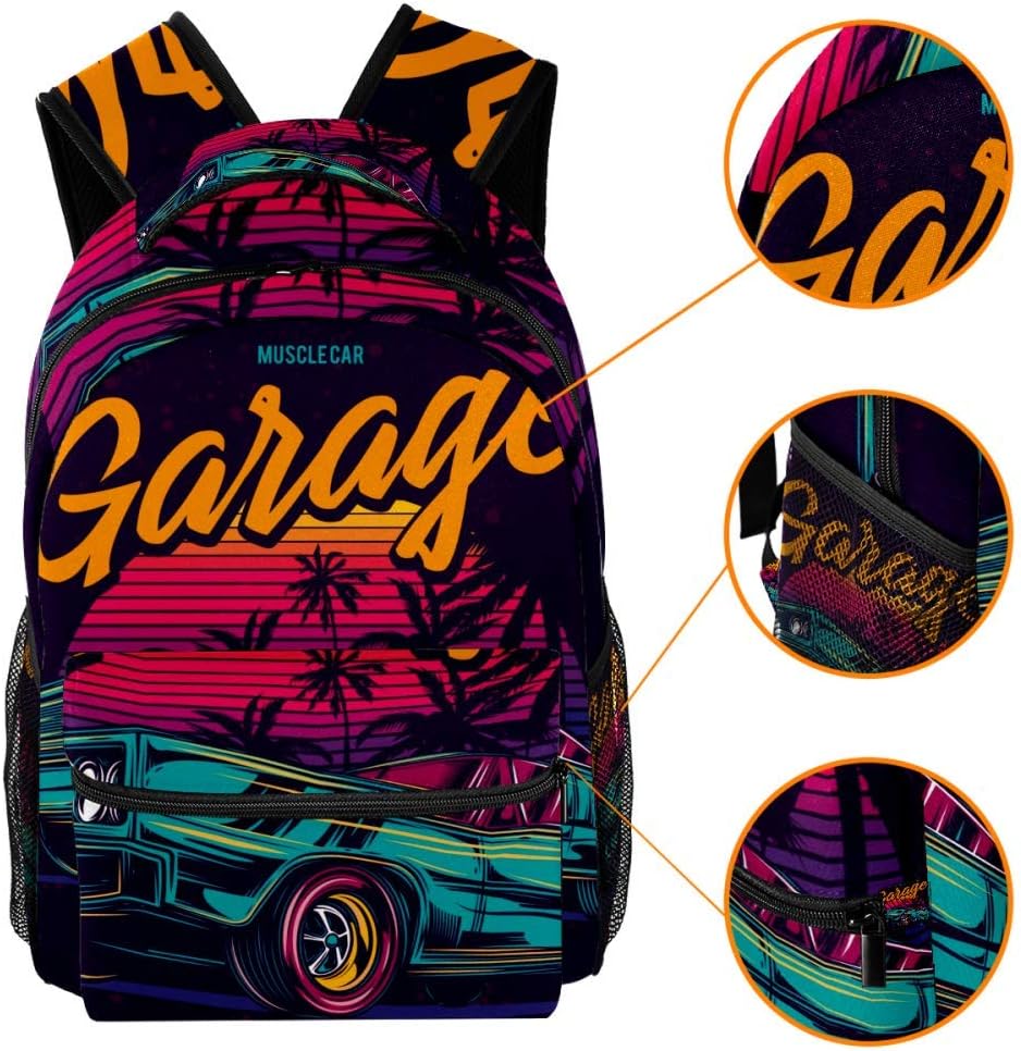 LORVIES American Muscle Car in Retro Neon Style Painting Lightweight School Classic Backpack Travel Rucksack for Girls Women Kids Teens