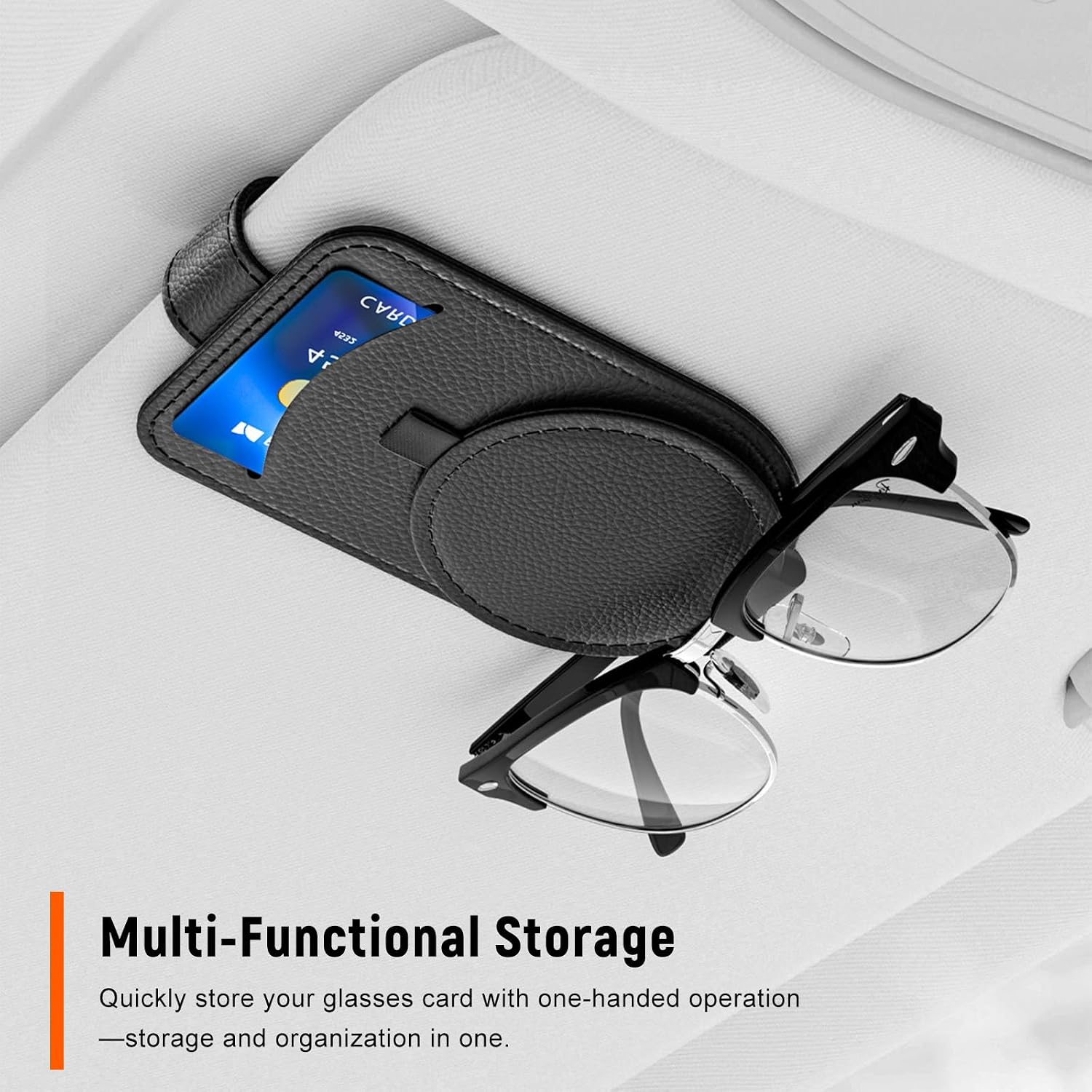 Sunglass Holder for Car Visor, Auto Sun Visor Eyeglasses Organizer with Card Ticket Clip, Magnetic Leather Sunglasses Clip Universal for Most Vehicle Visors, Car Accessories (Black) image 4