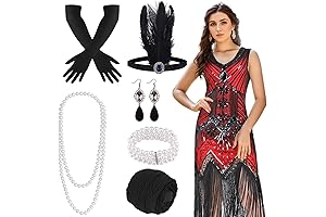 FEPITO 1920s V-Neck Sequin Beaded Fringed Dress with 20s Accessories Set: Capture...