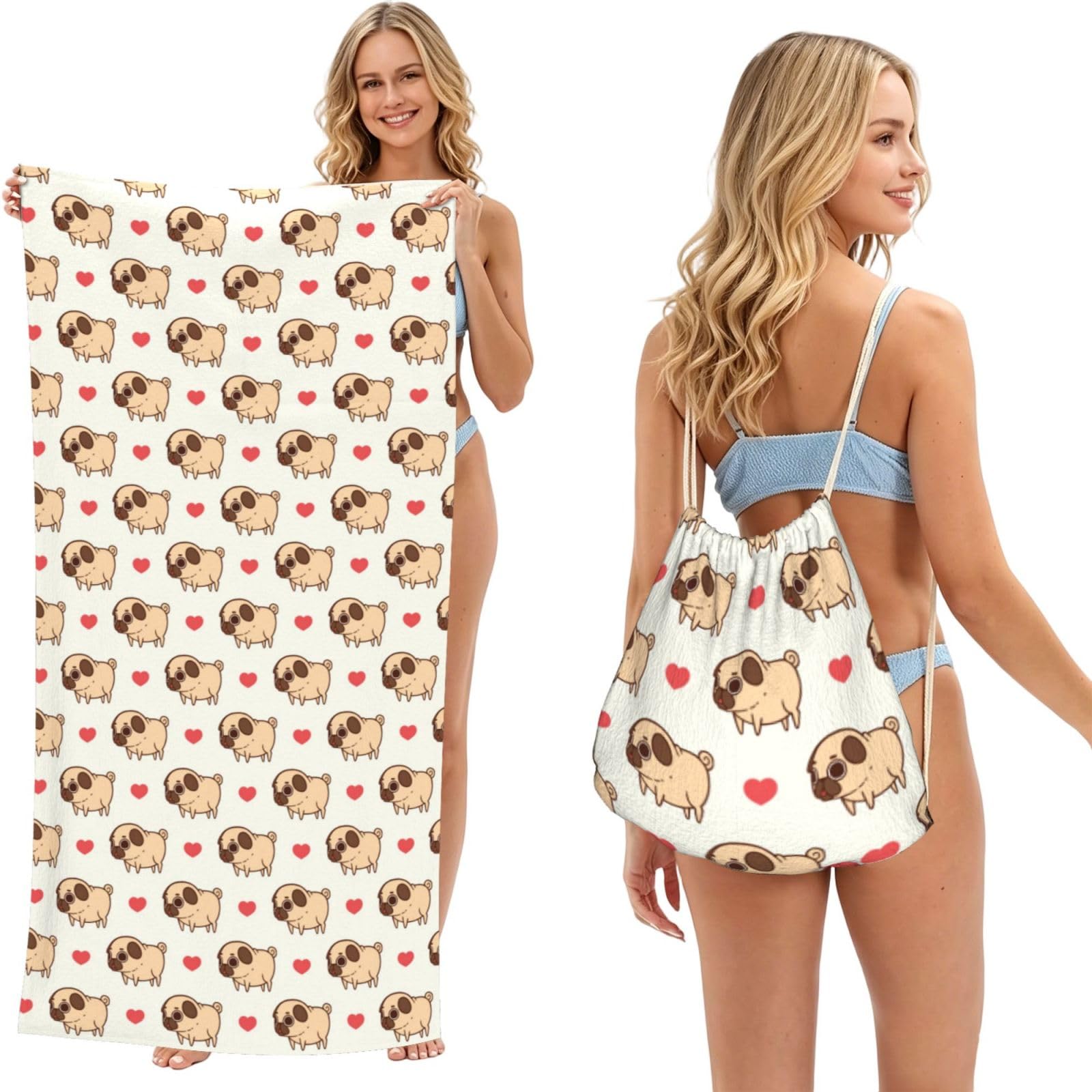 Poadnly As Picture Puglie Pug, 2 In 1 Packable Towel Bag, Beach Towels With Drawstring Backpack For Travel Holiday Camping