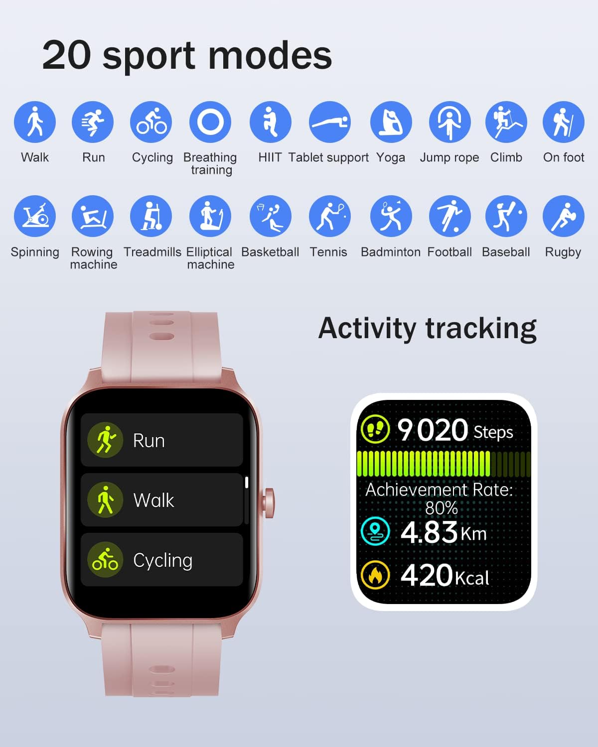 ASIAMENG Smartwatch Donna Orologio Contapassi Smart Watch Fitness Sportivo Cardiofrequenzimetro da Polso Saturimetro Notifiche Whatsapp Chiamate Messaggi Android iOS Impermeabile IP68 Elegante Rosa - Immagine 2