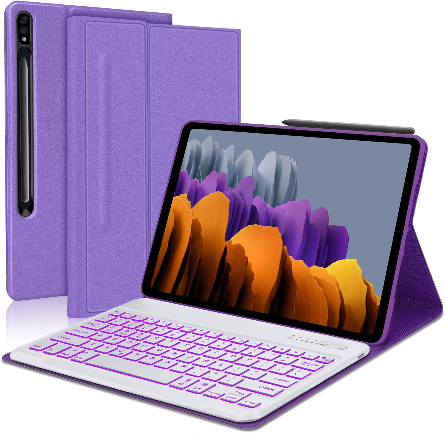 Samsung Galaxy Tab S7 FE Case with Keyboard- Purple-White Keyboard