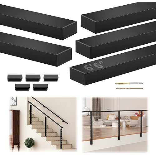 6'6" Stainless Steel T304 Handrail Black, 5 Pack Cuttable Rectangular Handrail Flat Top Rail for Indoor Outdoor Deck Stair Cable Railing System, Black Hand Rail with End Cap for DIY Balustrade