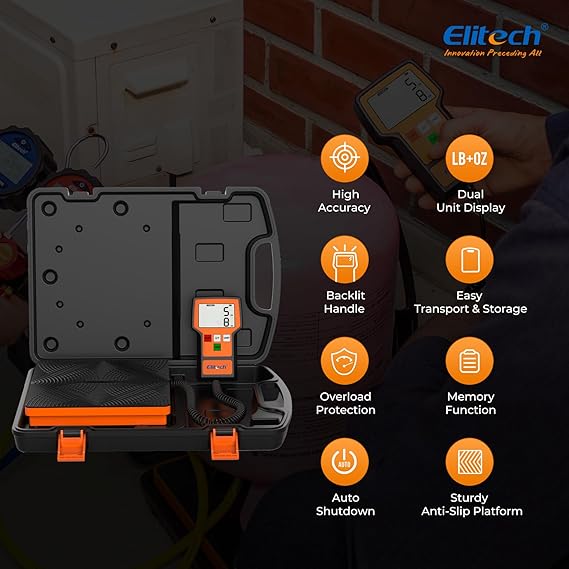 Elitech Refrigerant Scale 110 Lbs High Precision HVAC Freon Scale with LB+OZ Dual-Unit Display, Electronic Charging Weight Scale with Carry Case, LMC-100F+