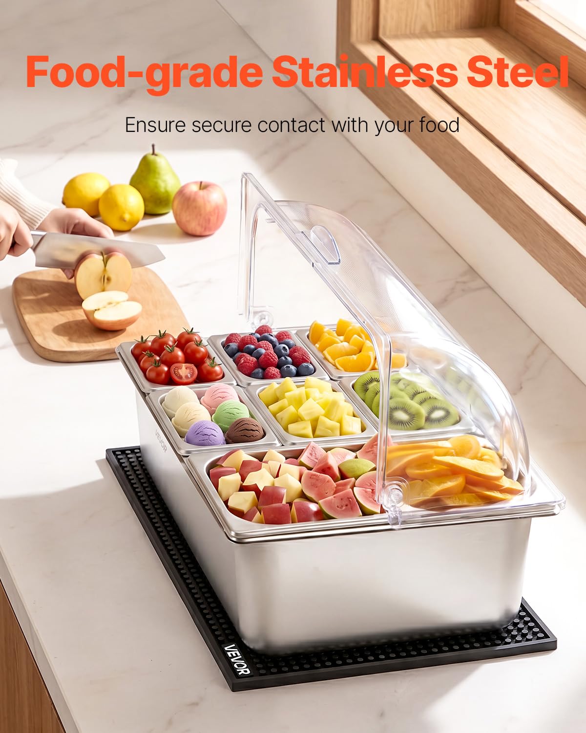 VEVOR Saladette à Poser, Vitrine Réfrigérée à Ingrédients en Inox, pour Fruits Buffet Froid Hôtel Restaurant Bar, Station de Garnitures avec 7 Bacs GN 1x1/3 et 6x1/9, Couvercle Rabattable Transparent
