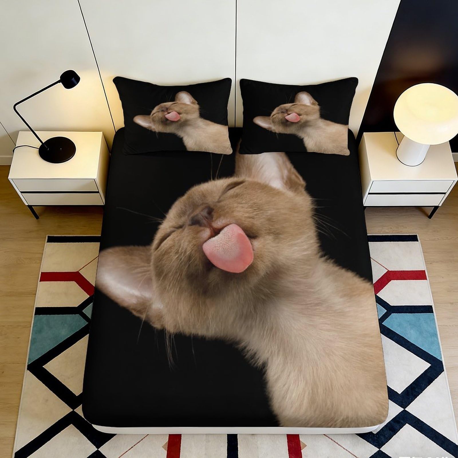 3D Printed Cute Cat Tongue Fitted Sheet Microfiber Anti-Slip Mattress Cover for Bedroom Guest Room Dorm Easy Care Decor 90x200x25cm
