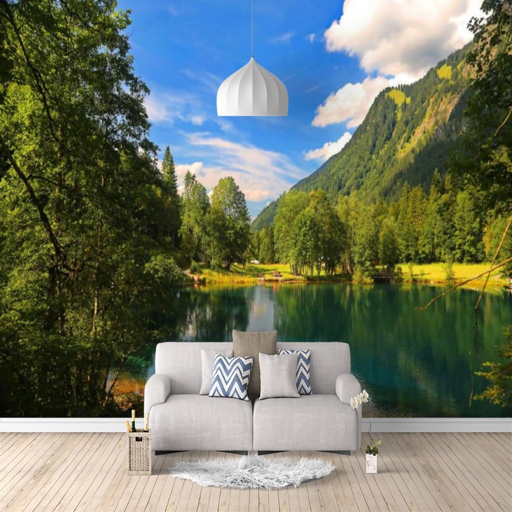 Sky Clouds Waterproof Wallpaper, Forest Lake Reflection Removable Self Adhesive Wall Sticker-Peel and Stick Mural,Fadeless Odorless for Bedroom Home Decor,157.5"W x110.3"H