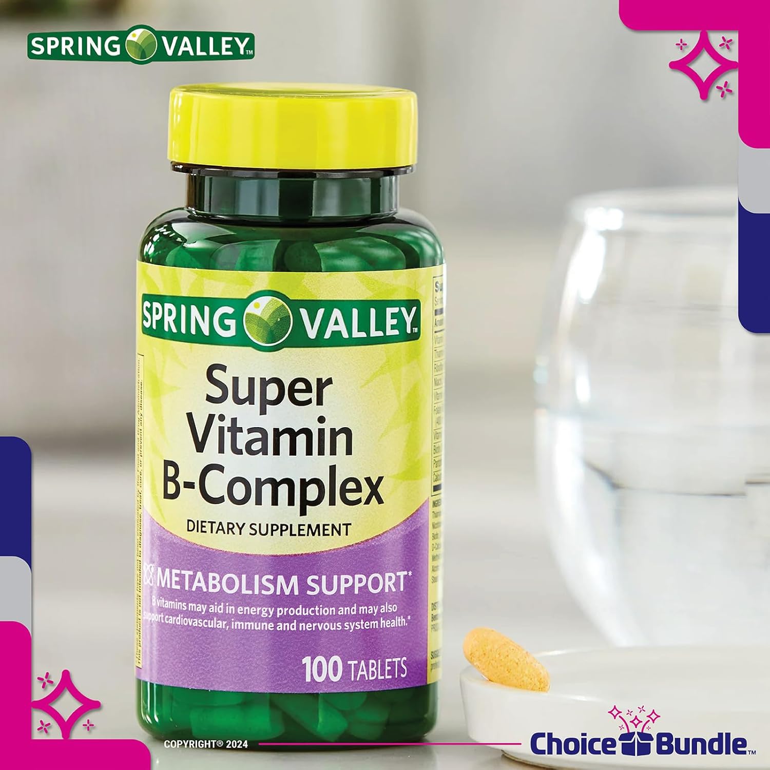 Spring Valley Super Vitamin B-Complex Tablets Metabolism Support 100 Ct 4 pk (400 Total) + Vitamin Vitality & Pill Container (6 Items)!