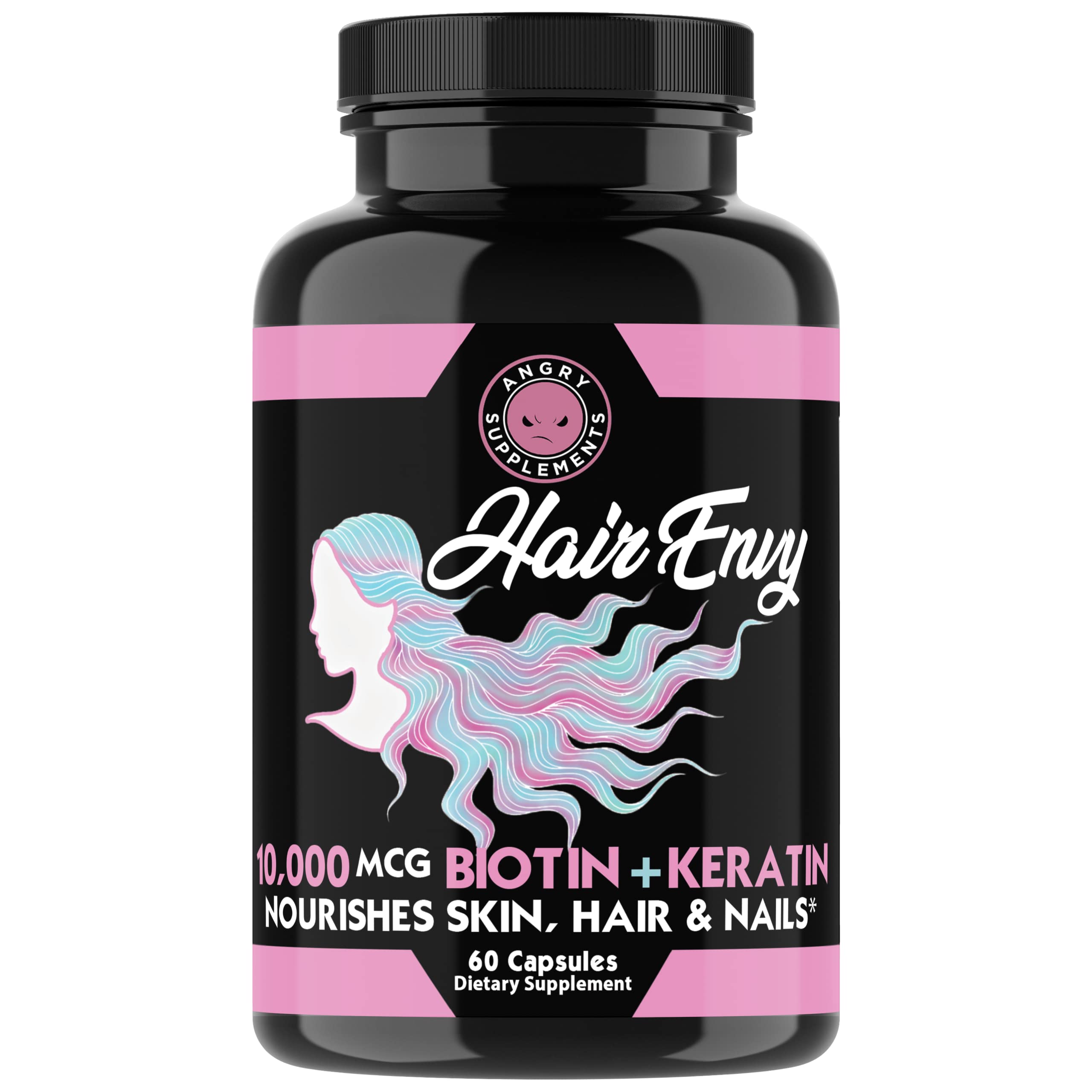 Angry Supplements Hair Envy 10,000 mcg Biotin + Keratin Capsules, Grow Hydrate Hair, Strengthen Thicken Nails, Clear Skin – Natural Remedy for Damaged Thinning Hair, (1-Bottle, 60ct)