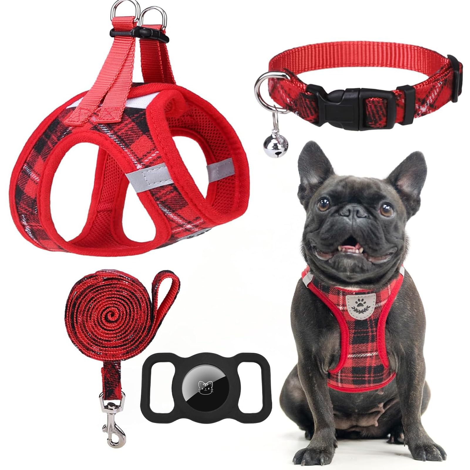 EXPAWLORER Classic Plaid Puppy Harness, Small Dog Collar and Lead Set including AirTag Holder