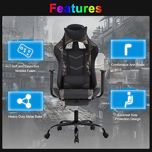 Miniatura 6 de Silla de juegos para computadora, silla ergonómica para juegos con reposapiés, silla reclinable de respaldo alto para videojuegos con soporte