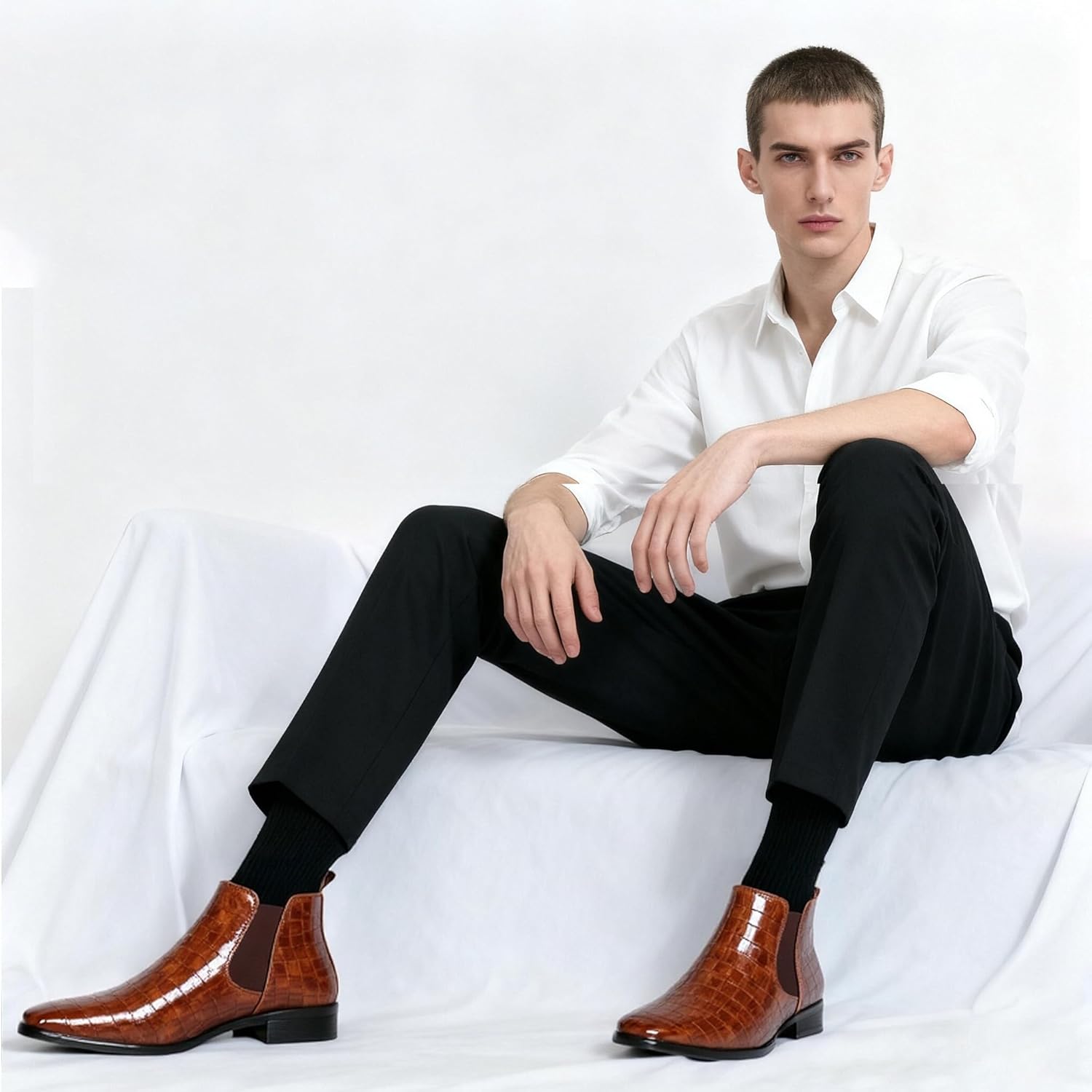 Fashion Chelsea Boots for Men's Leather Print Pointed Toe Slip-On Low Chunky Heel Retro Dress Business Chukka Ankle Oxford Boots for Formal Wedding Party Causal Work