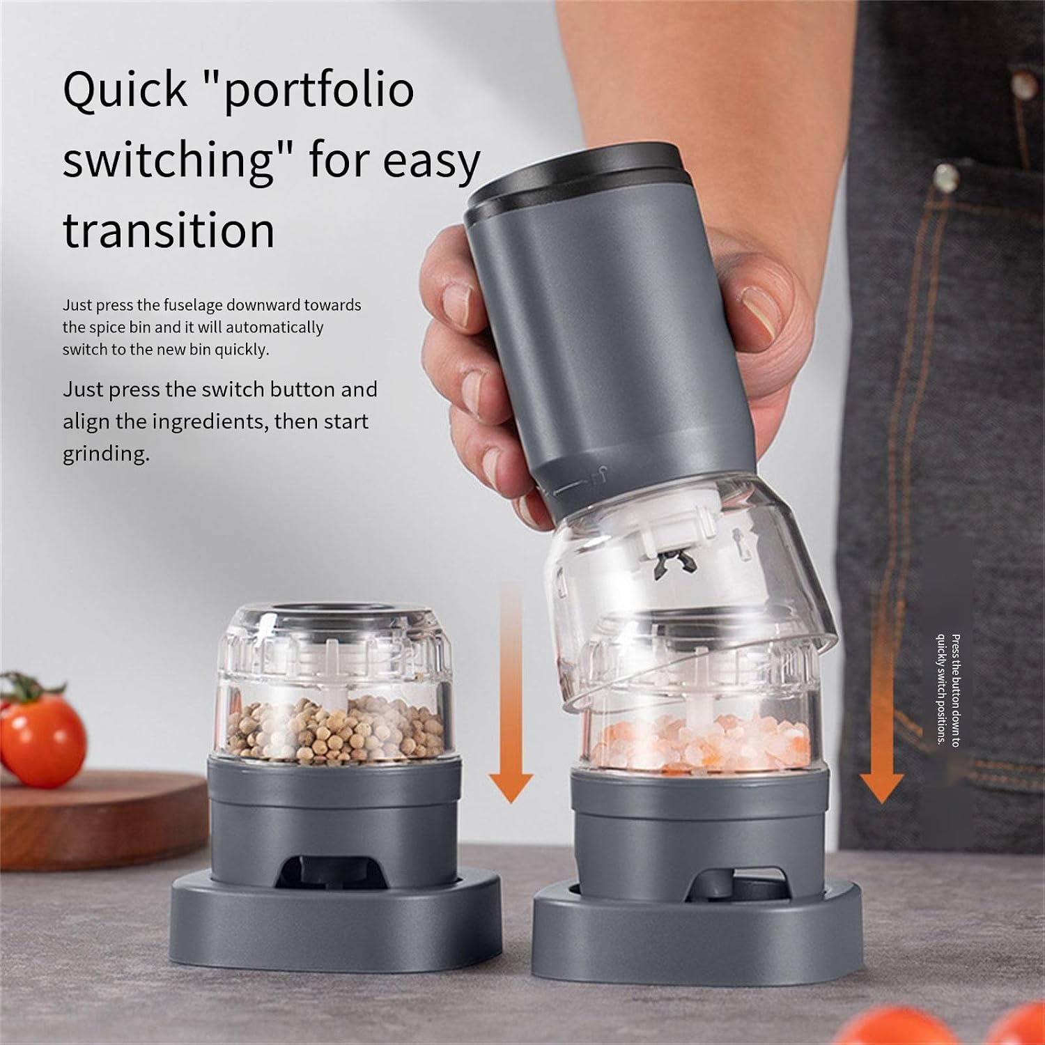 Automatic Pepper Mill Electric Grinder with Adjustable Coarseness and 2 Clear Container Set Kitchen Cooking Tool Ceramics Pepper Mill